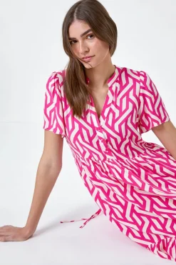 Roman Pink Geometric Print Tiered Midi Dress