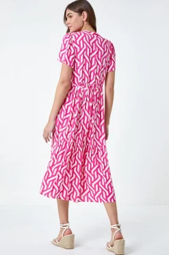 Roman Pink Geometric Print Tiered Midi Dress