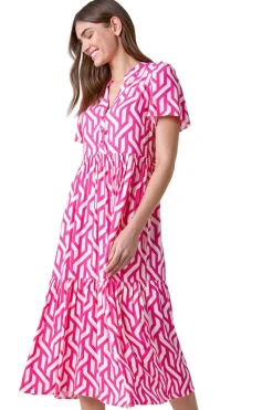 Roman Pink Geometric Print Tiered Midi Dress