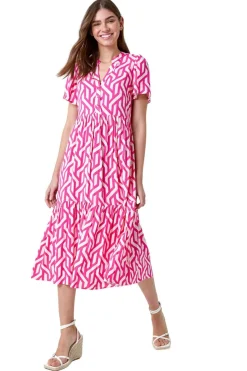 Roman Pink Geometric Print Tiered Midi Dress