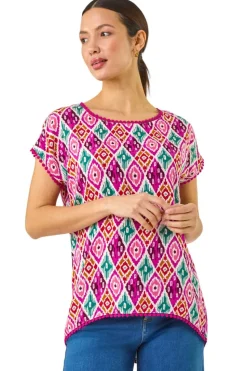 Roman Pink Ikat Print Bobble Trim Tee