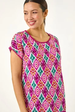Roman Pink Ikat Print Bobble Trim Tee
