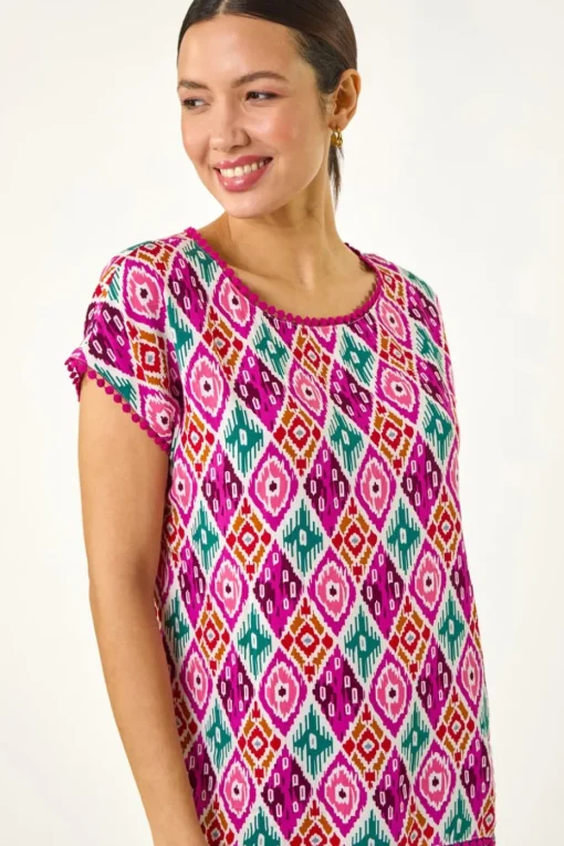 Roman Pink Ikat Print Bobble Trim Tee