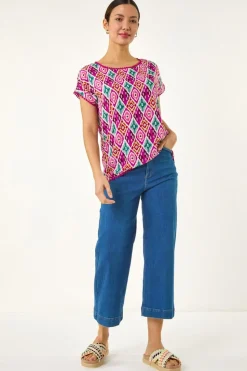 Roman Pink Ikat Print Bobble Trim Tee