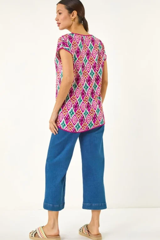 Roman Pink Ikat Print Bobble Trim Tee