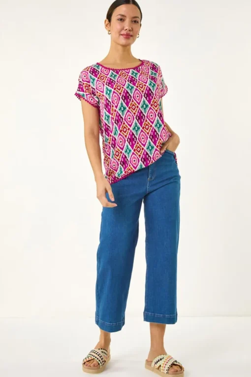 Roman Pink Ikat Print Bobble Trim Tee