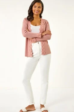 Roman Pink Lace Trim Knit Cardigan