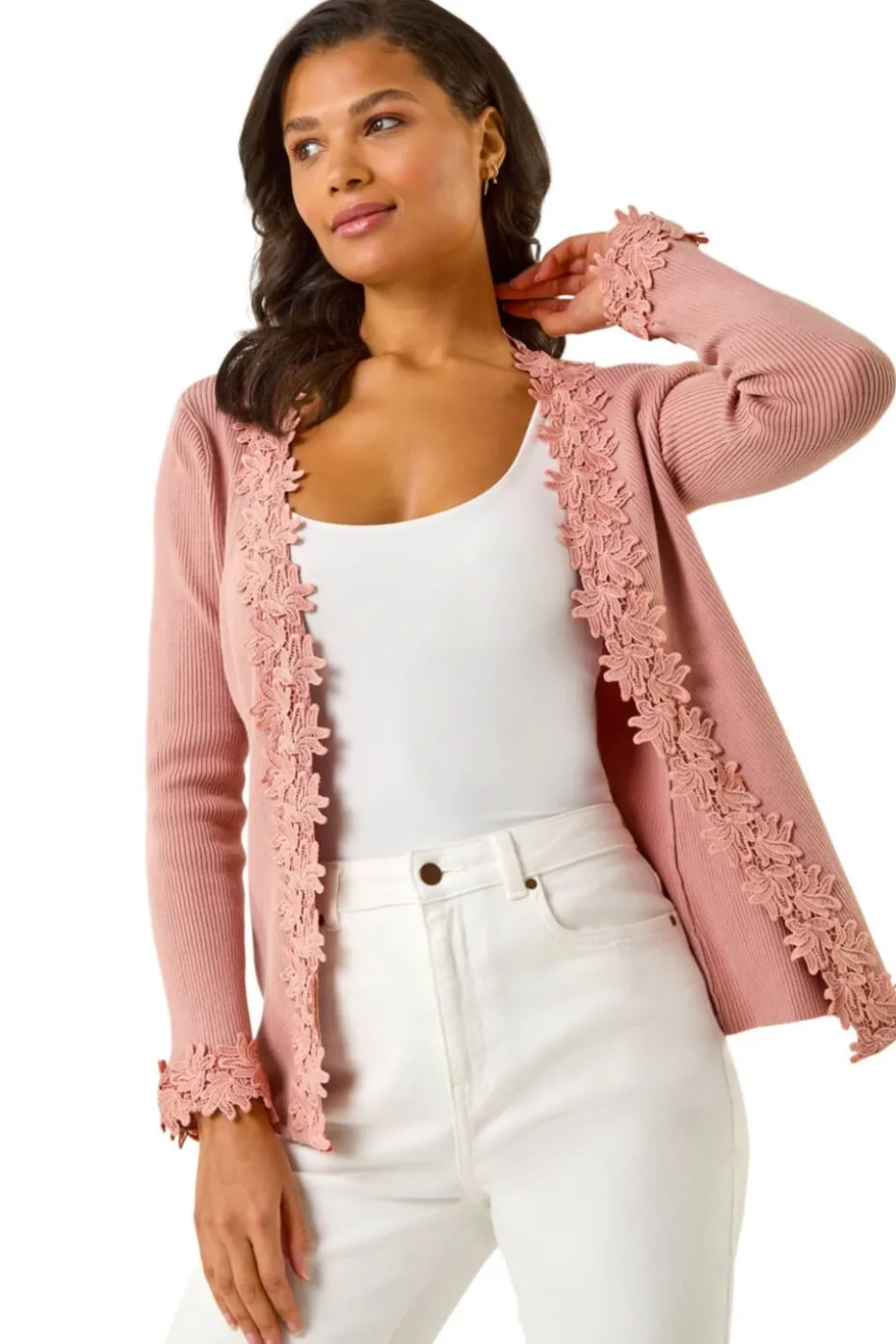 Roman Pink Lace Trim Knit Cardigan