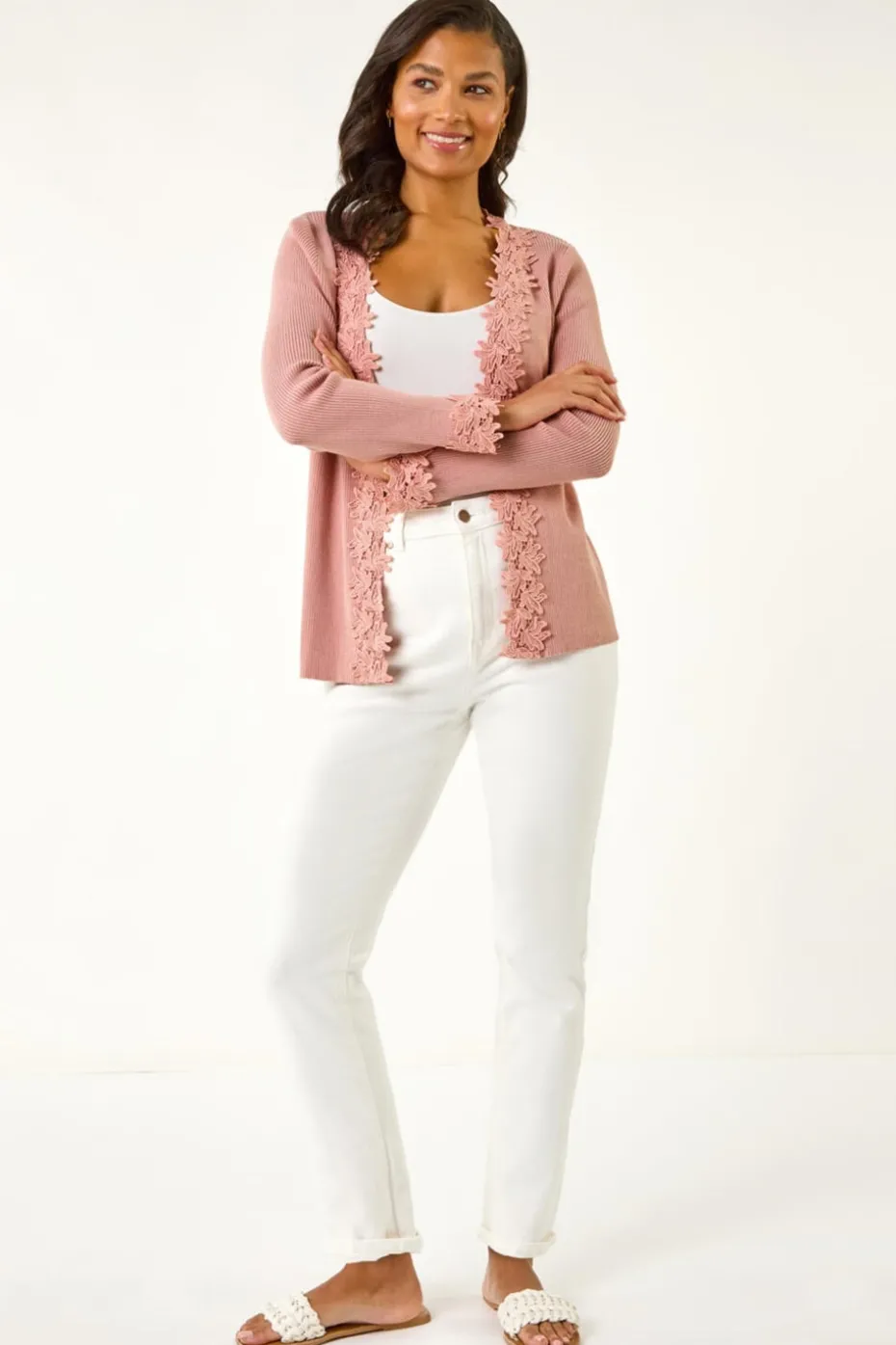 Roman Pink Lace Trim Knit Cardigan