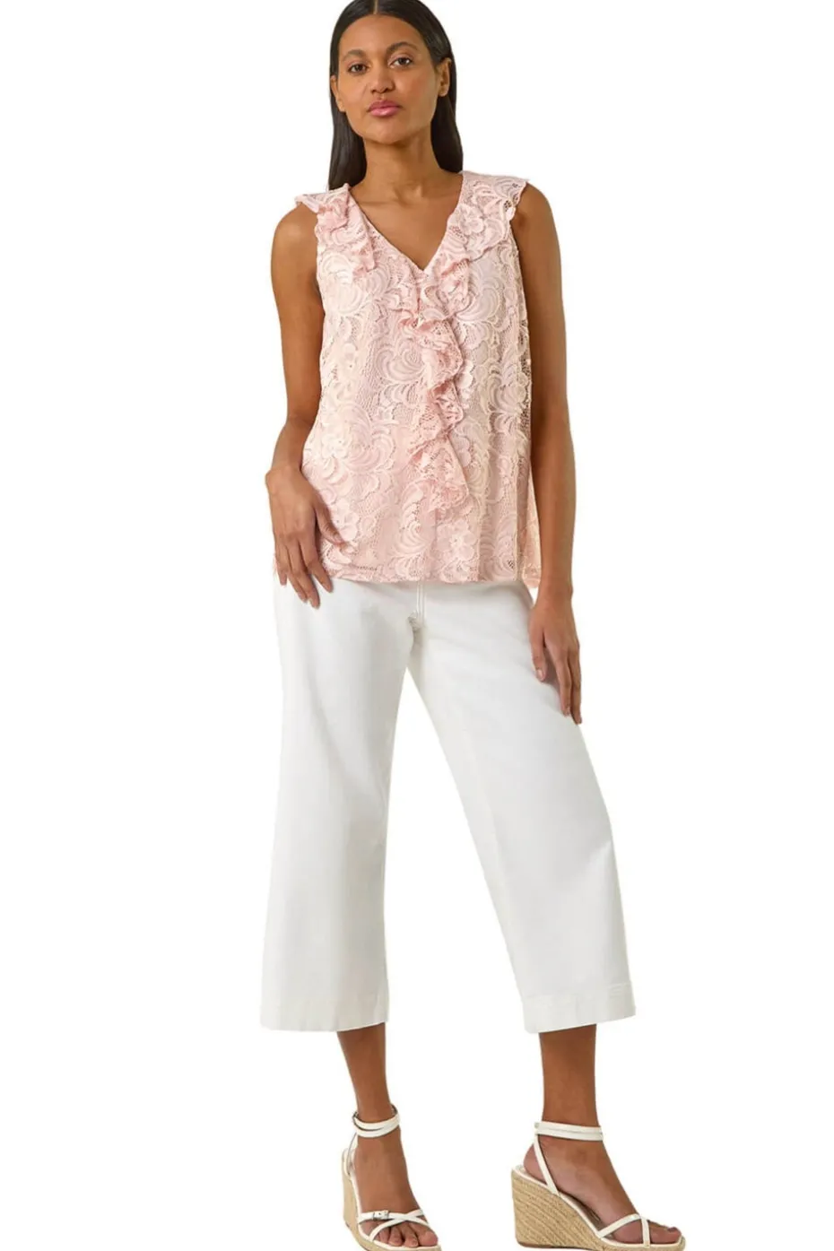 Roman Pink Lace V-Neck Ruffle Front Top