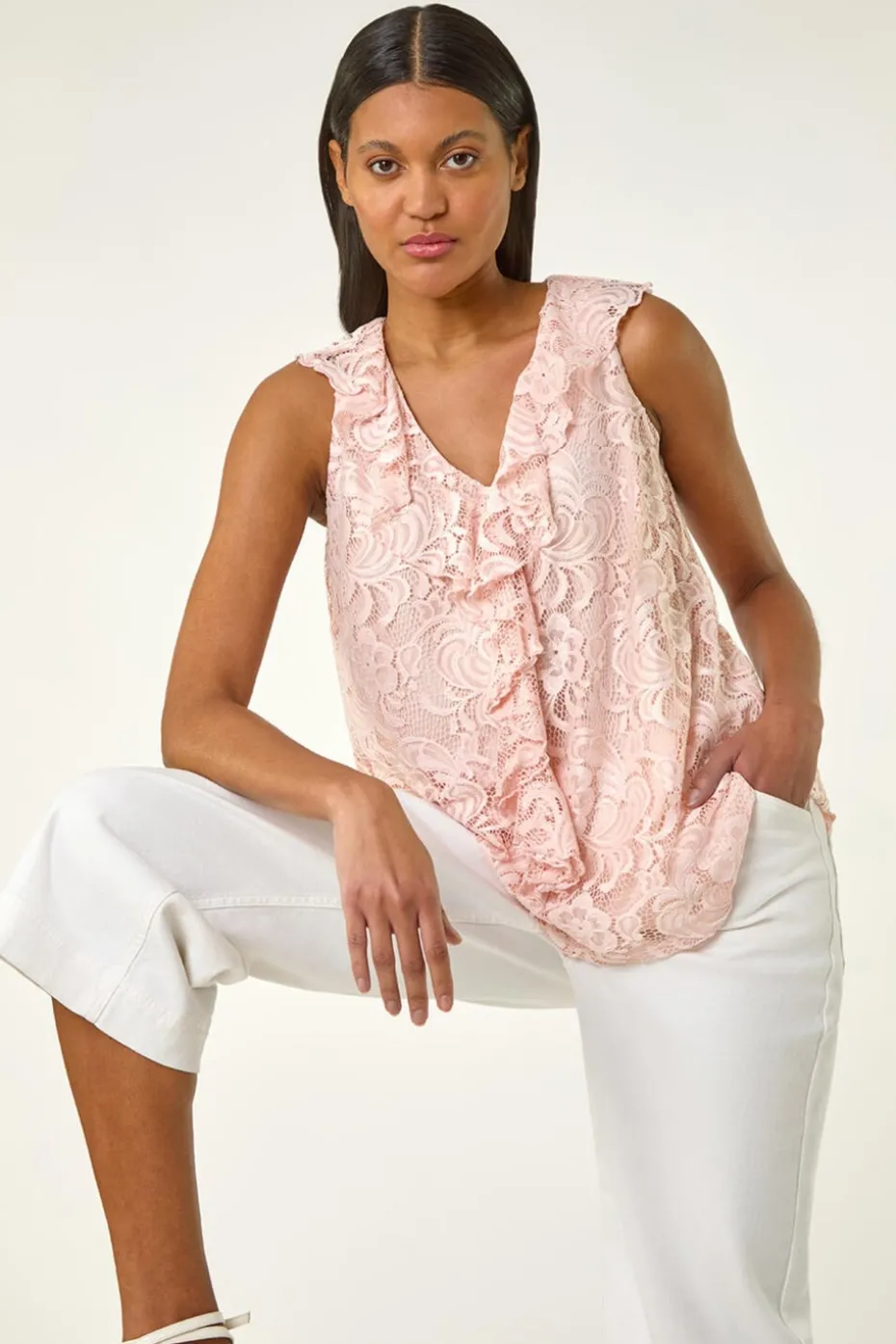 Roman Pink Lace V-Neck Ruffle Front Top