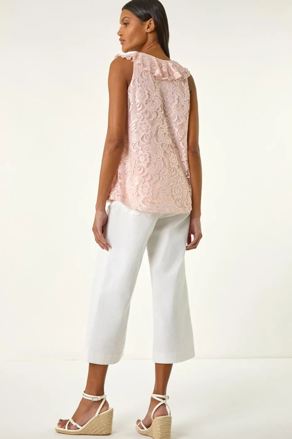 Roman Pink Lace V-Neck Ruffle Front Top