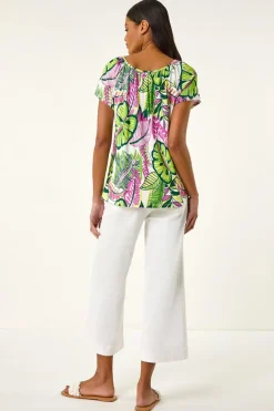 Roman Pink Leaf Print V Neck Stretch Top