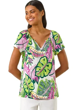 Roman Pink Leaf Print V Neck Stretch Top