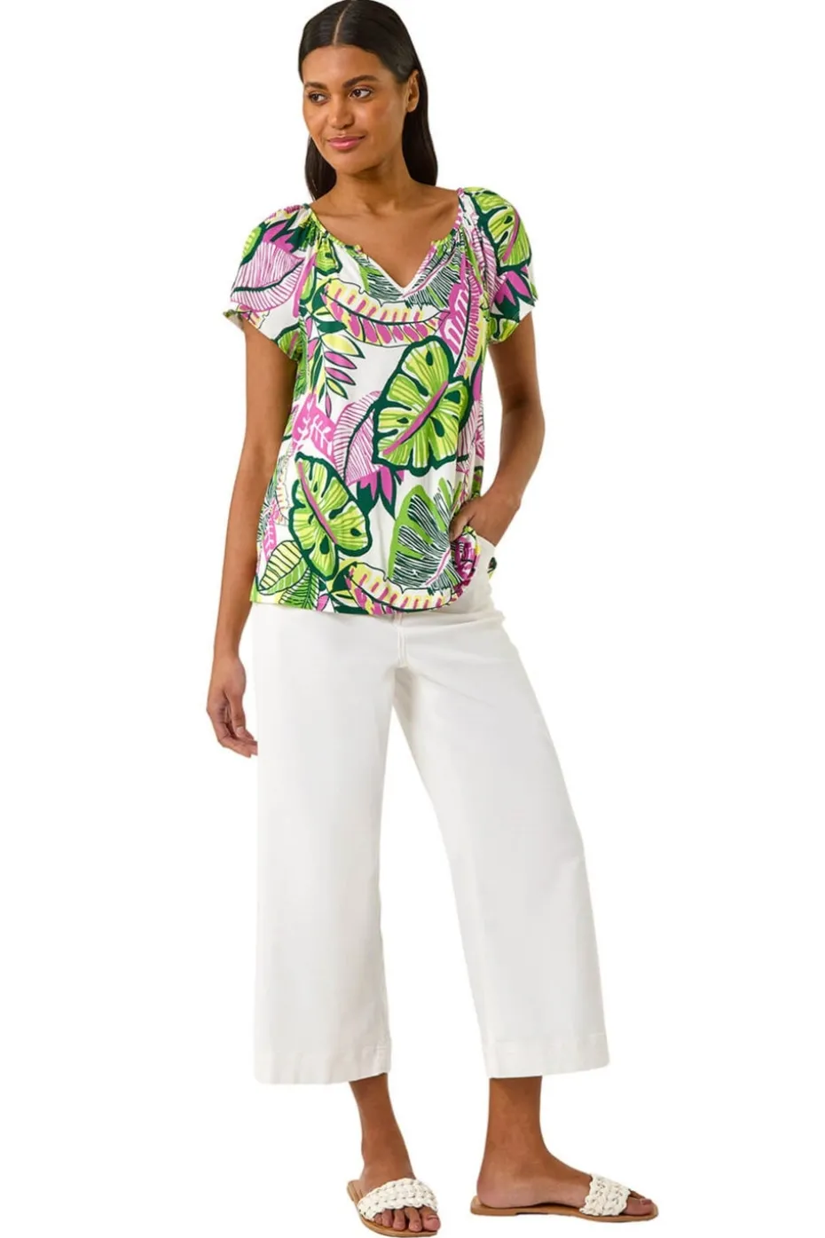 Roman Pink Leaf Print V Neck Stretch Top