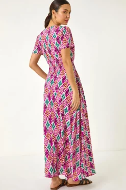 Roman Pink lkat Print Button Through Maxi Dress