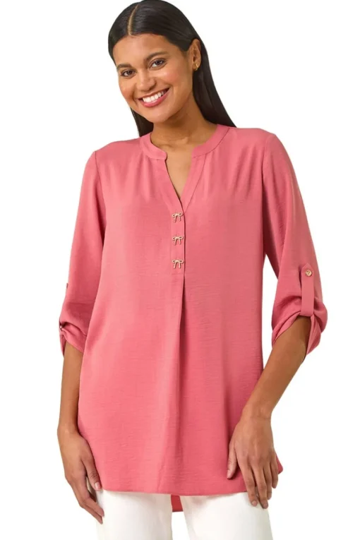 Roman Pink Longline Bow Button Tunic Top