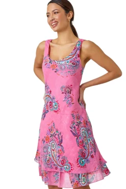 Roman Pink Paisley Print Cotton Layered Dress