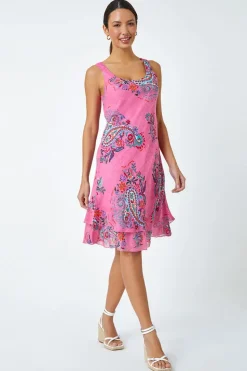 Roman Pink Paisley Print Cotton Layered Dress