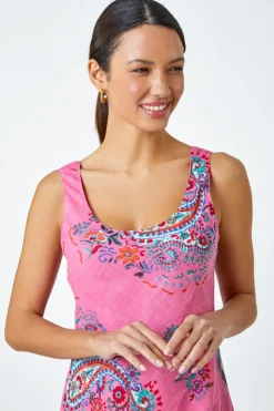 Roman Pink Paisley Print Cotton Layered Dress