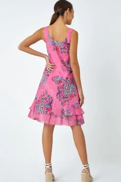 Roman Pink Paisley Print Cotton Layered Dress