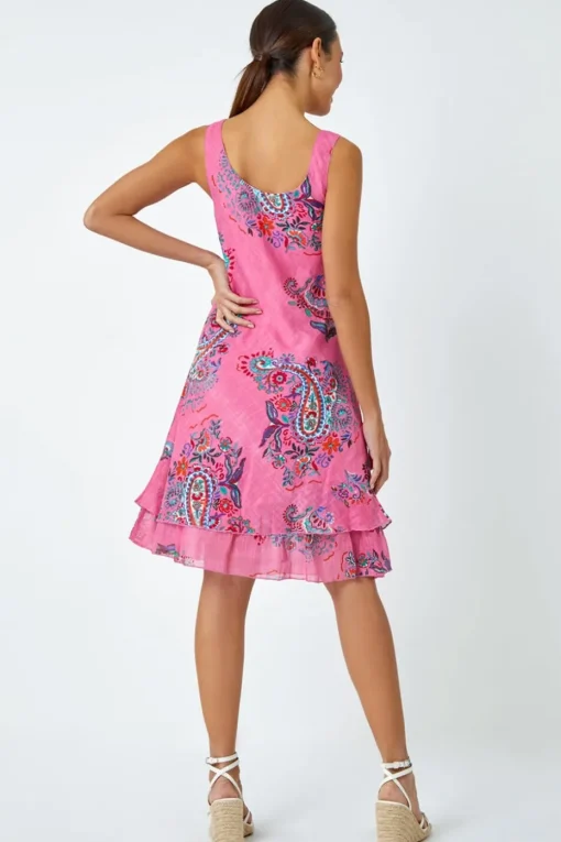 Roman Pink Paisley Print Cotton Layered Dress