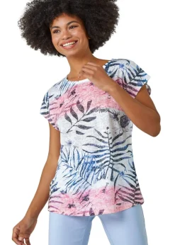 Roman Pink Palm Print Burnout T-Shirt