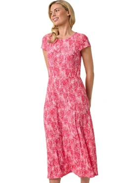 Roman Pink Petite Abstract Print Crinkle Midi Dress