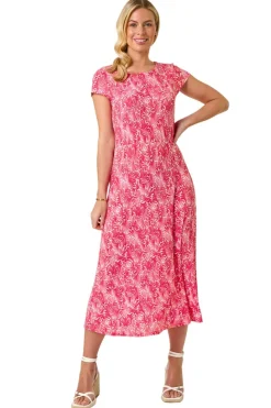 Roman Pink Petite Abstract Print Crinkle Midi Dress