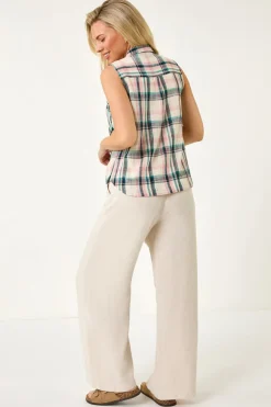 Roman Pink Petite Check Print Button Blouse