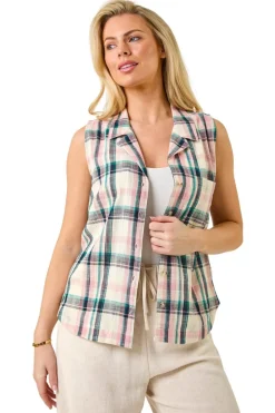 Roman Pink Petite Check Print Button Blouse
