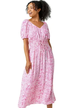 Roman Pink Petite Ditsy Floral Stretch Midi Dress