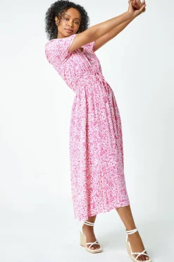 Roman Pink Petite Ditsy Floral Stretch Midi Dress