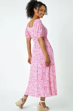 Roman Pink Petite Ditsy Floral Stretch Midi Dress