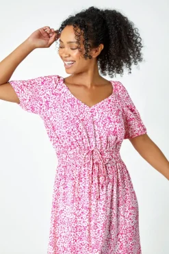 Roman Pink Petite Ditsy Floral Stretch Midi Dress