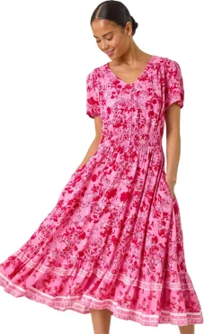 Roman Pink Petite Floral Border Midi Dress