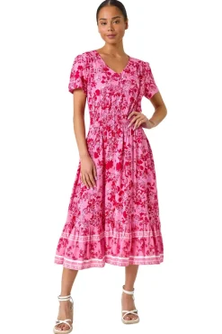 Roman Pink Petite Floral Border Midi Dress
