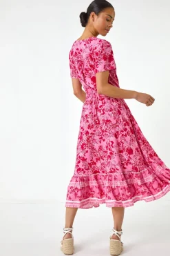 Roman Pink Petite Floral Border Midi Dress