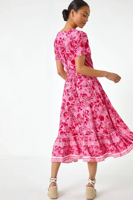 Roman Pink Petite Floral Border Midi Dress