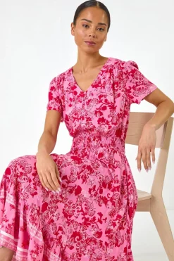 Roman Pink Petite Floral Border Midi Dress