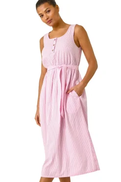 Roman Pink Pinstripe Belted Midi Dress