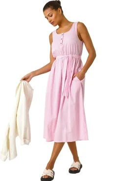 Roman Pink Pinstripe Belted Midi Dress