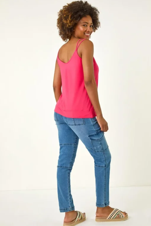 Roman Pink Plain Double Strap Stretch Vest Top