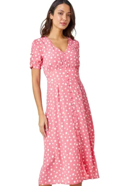 Roman Pink Polka Dot Ruched Sleeve Midi Dress
