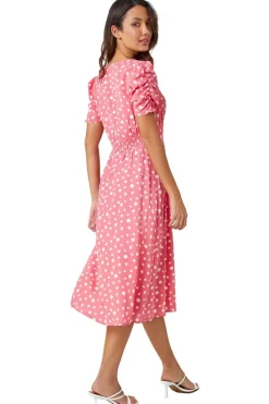 Roman Pink Polka Dot Ruched Sleeve Midi Dress