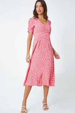 Roman Pink Polka Dot Ruched Sleeve Midi Dress
