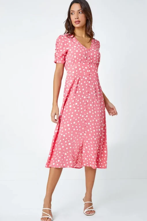 Roman Pink Polka Dot Ruched Sleeve Midi Dress