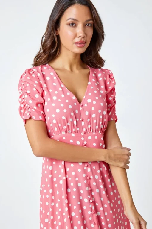 Roman Pink Polka Dot Ruched Sleeve Midi Dress