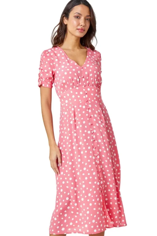 Roman Pink Polka Dot Ruched Sleeve Midi Dress
