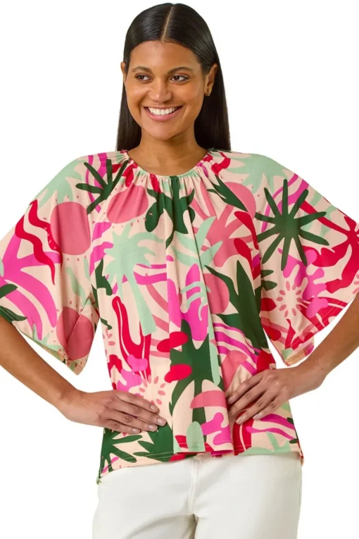Roman Pink Printed Raglan Sleeve Stretch Top